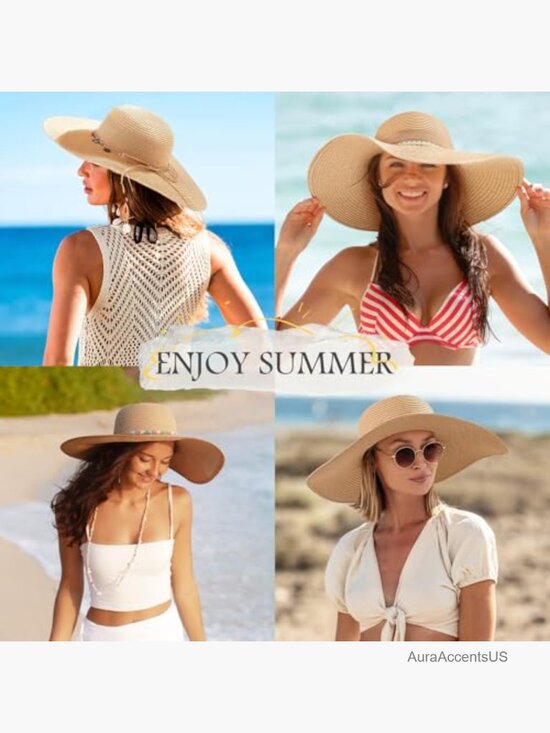 Foldable Wide Brim Straw Sun Hat with Wind Lanyard UPF 50+ Beach Travel